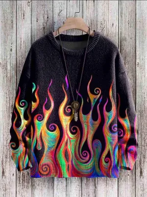 Sweater Vintage Rainbow Flame Art Print Casual Knit Pullover Sweater