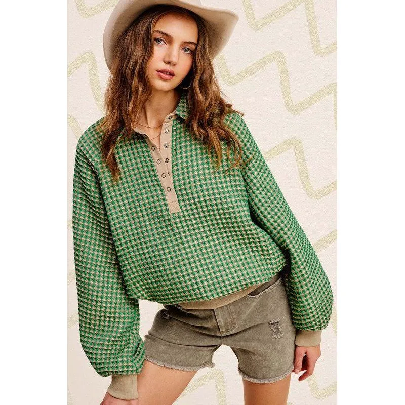 The Billie Two-Tone Textured Lantern Sleeve Top In Green Or Black