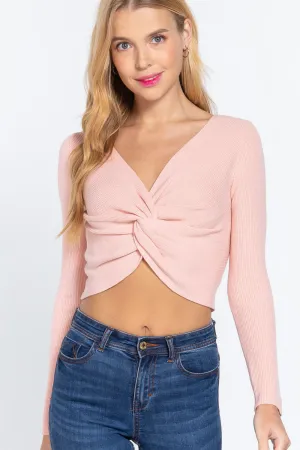 V-neck Front Twist Knotted Crop Sweater
