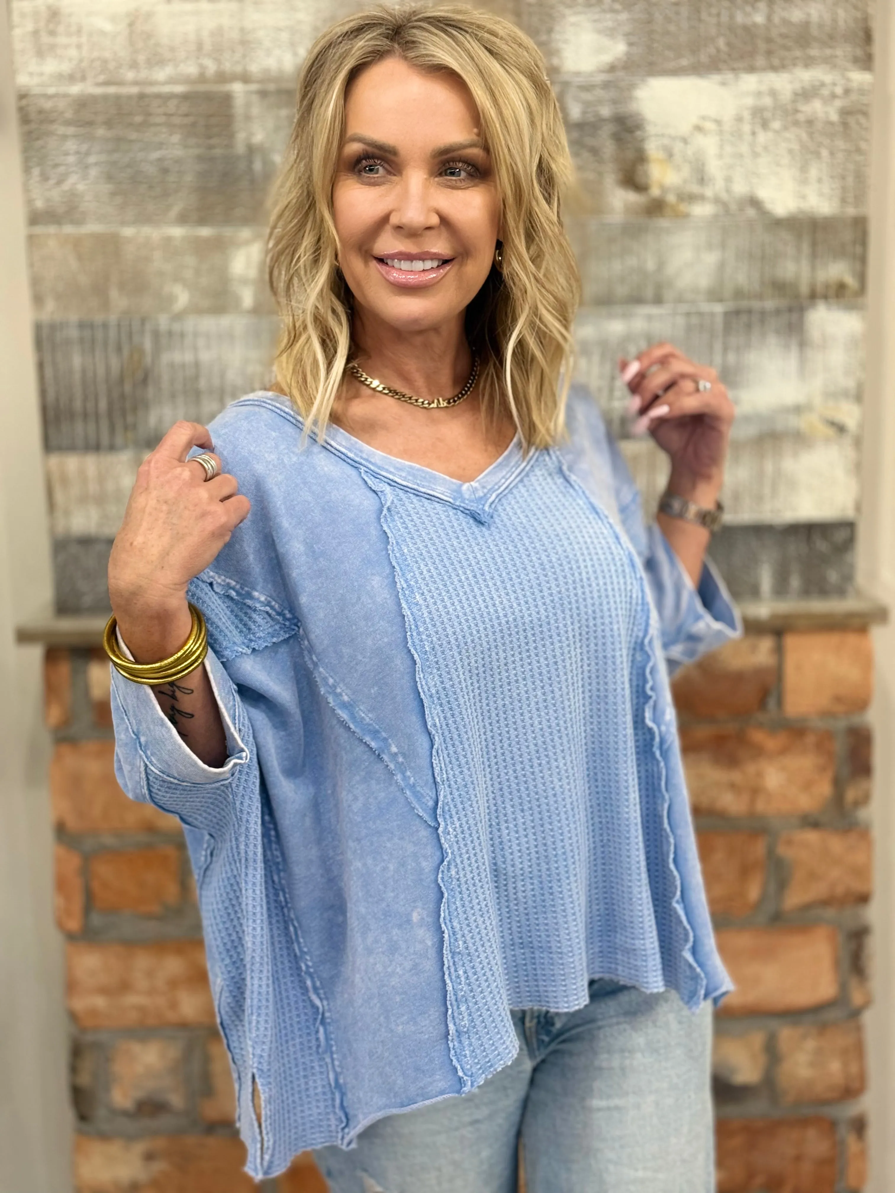 Washed Thermal V Neck Top in Blue