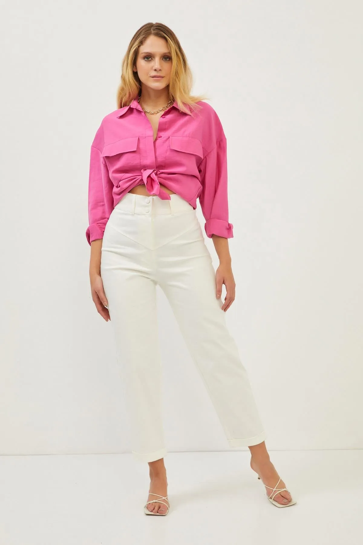 White Cotton Straight Leg Trousers