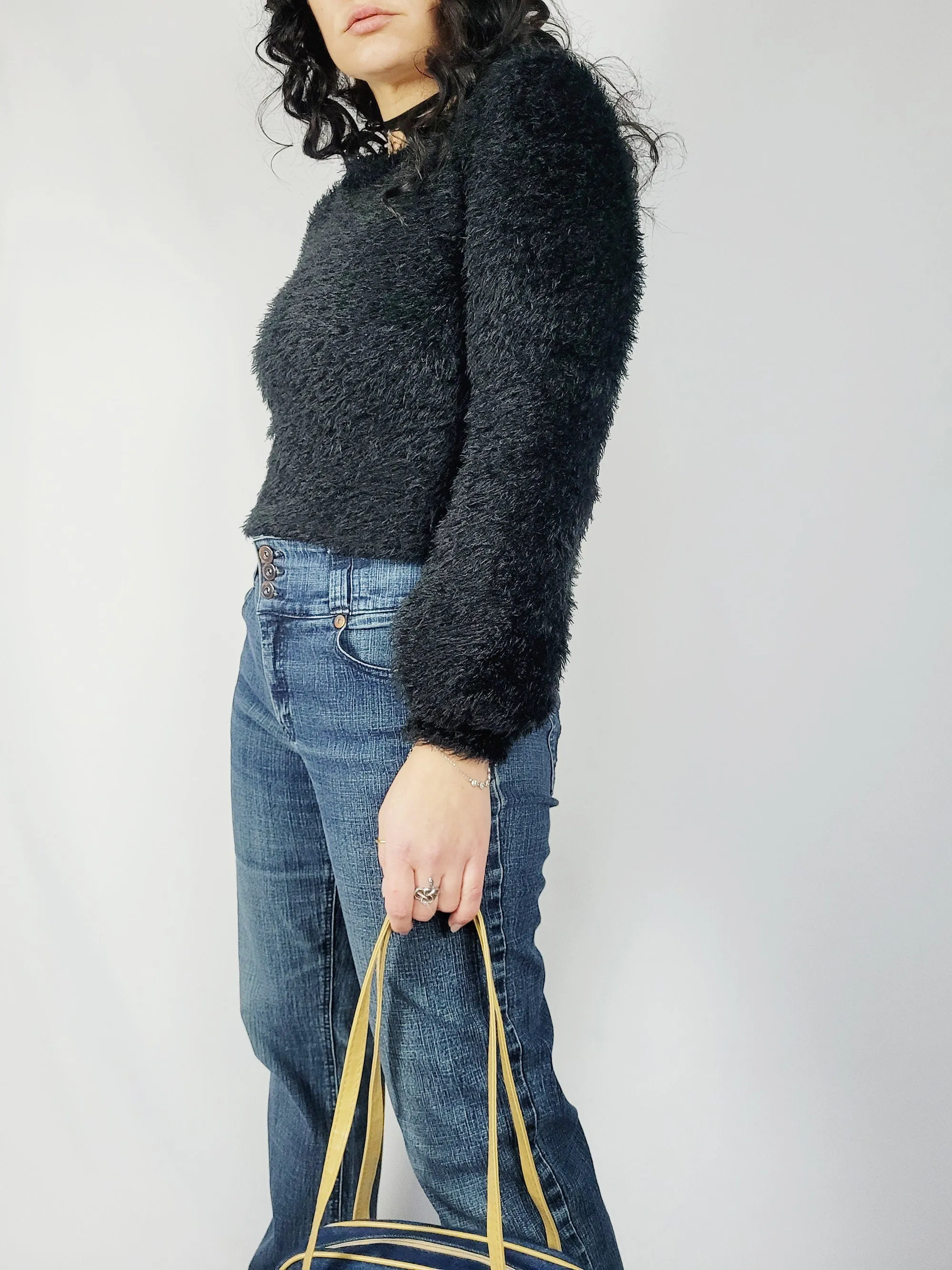 Y2K 00s retro black furry fluffy minimalist crop sweater top
