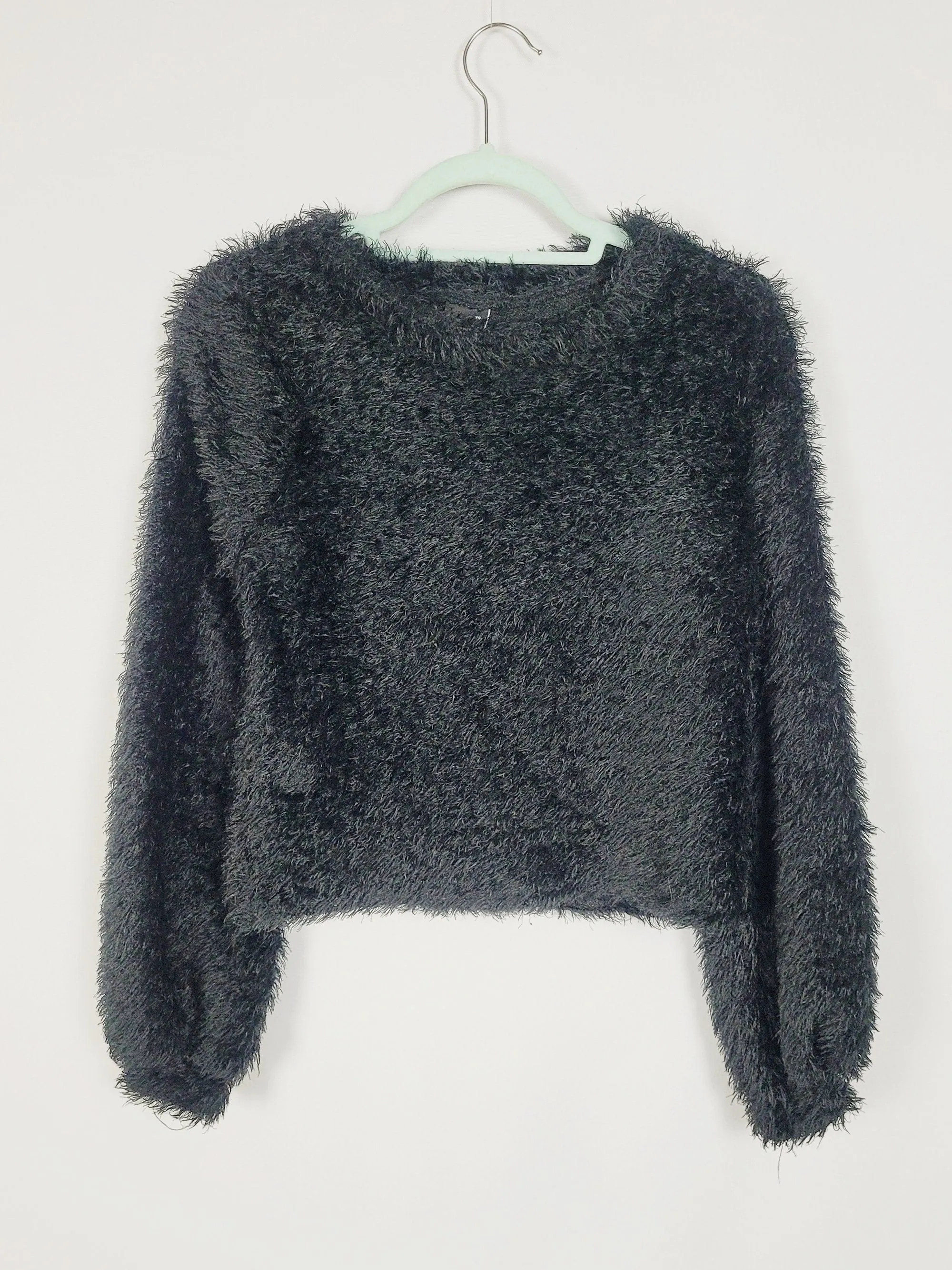Y2K 00s retro black furry fluffy minimalist crop sweater top